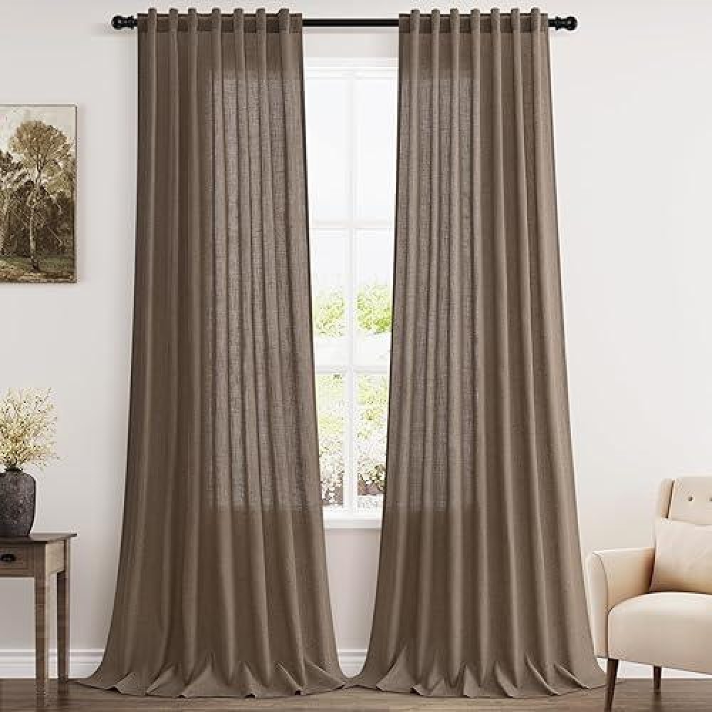 Nanspring Light Brown Back Tab Linen Curtains For Living Room 2 Panels Set Semi Sheer Curtains For Dining Room 52X96