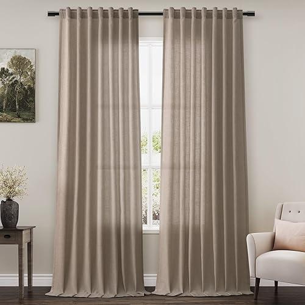 Nanspring Khaki Back Tab Linen Curtains For Living Room 2 Panels Set Semi Sheer Curtains For Dining Room 52X102