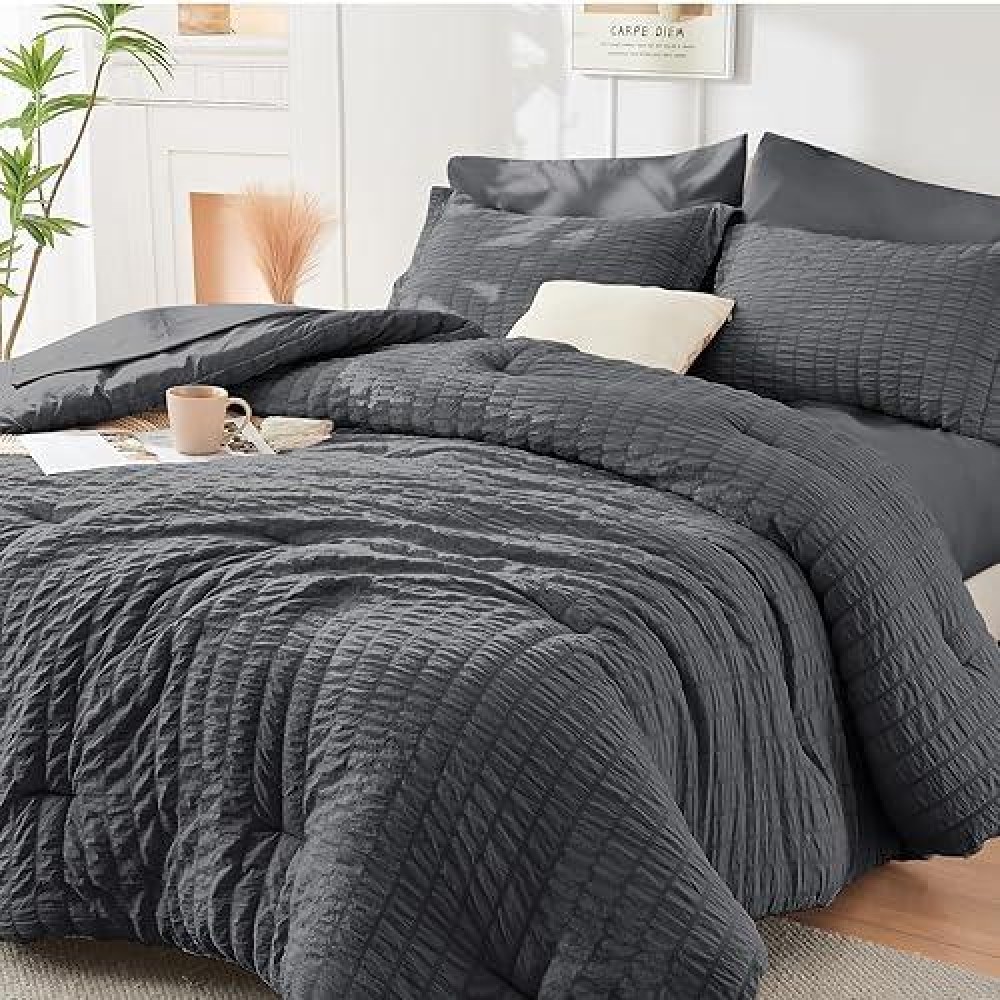 Hymokege Burnt Orange King Size Comforter Set Seersucker 7 Pieces  All Season Luxury Bed In A Bag For Bedroom  Bedding Set With Comforters  Sheets  Pillowcases & Shams