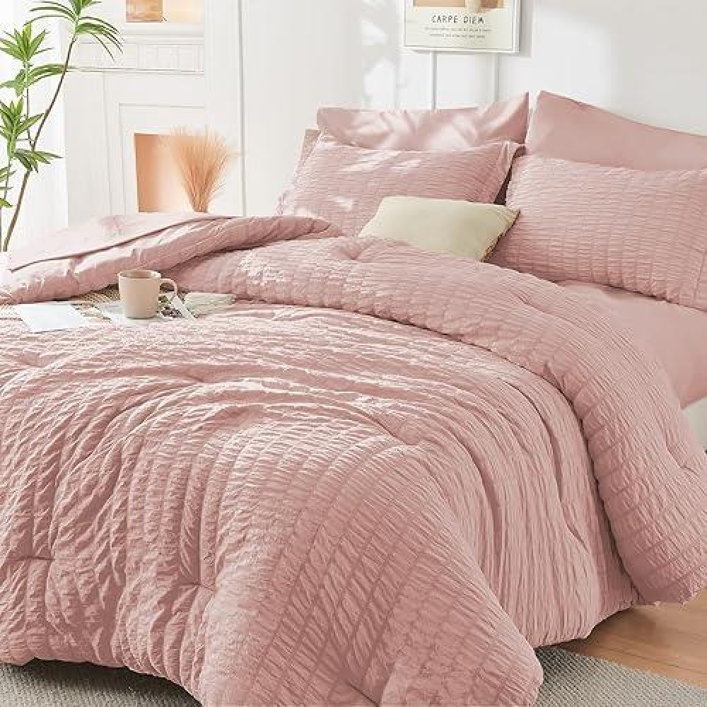 Hymokege Rose Gold King Size Comforter Set Seersucker 7 Pieces  All Season Luxury Bed In A Bag For Bedroom  Bedding Set With Comforters  Sheets  Pillowcases & Shams