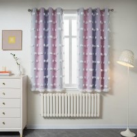 Mysky Home Pink Purple Curtains For Girls Bedroom Kids Curtains 54 Inches Long White Pom Pom Sheer Small Curtains 2 Panels Doubl