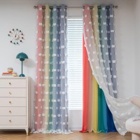 Mysky Home Rainbow Curtains For Bedroom 90 Inches Long Living Room Curtains Pom Pom Sheer Curtains For Dining Room Grommet Doubl