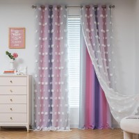 Mysky Home Nursery Curtains For Gilrs Room Pink Purple Curtains 90 Inch Long Bedroom Curtains White Pom Pom Sheer Curtains For D