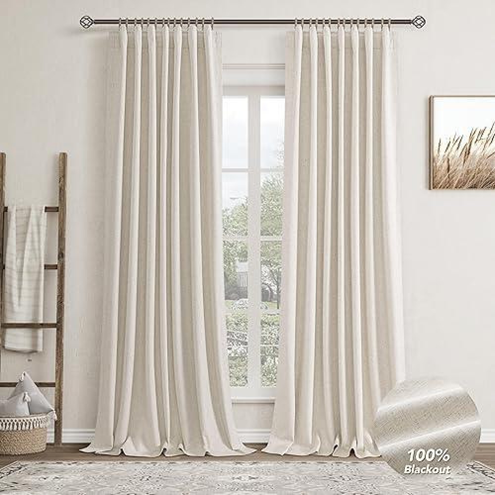 Sand Beige Linen Blackout Curtains For Bedroom 96 Inch Length 2 Panels Set Back Tab Pocket Neutral Farmhouse Living Room Darkeni