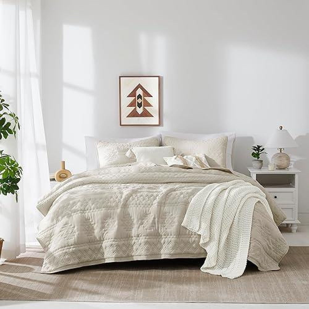 Wdcozy Beige Boho Queen Size Quilt Bedding Set With 2 Pillow Shams Farmhouse Lightweight Soft Bedspread Coverlet For All Season