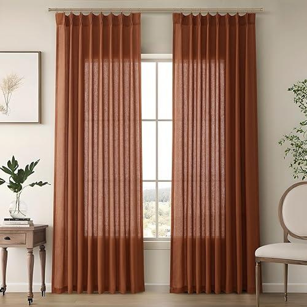 Terracotta Linen Curtains 96 Inches Long 2 Panels For Living Room Pinch Pleated Light Filtering Semi Sheer Window Curtains Boho