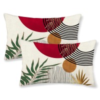 Yxuiyal Boho Pillow Covers 12X20 Set Of 2 Red Green Gold Throw Pillow Covers Outdoor Mid Century Bohemian Style Tropical Leaves