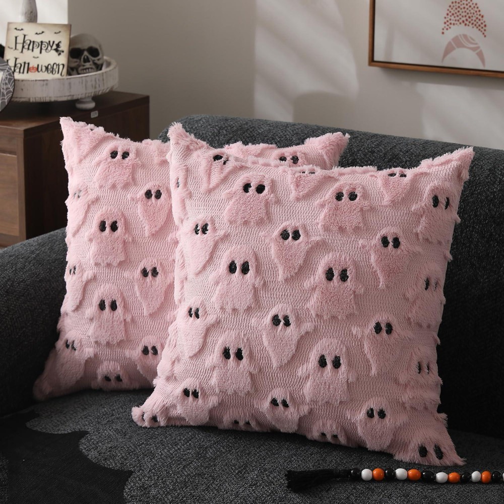 Dfxsz Halloween Pillow Covers 16X16 Inch Set Of 2 Pink Ghost Throw Pillow Cases Soft Plush Faux Fur Wool Couch Cushion Case For