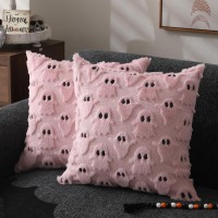 Dfxsz Halloween Pillow Covers 18X18 Inch Set Of 2 Pink Ghost Throw Pillow Cases Soft Plush Faux Fur Wool Couch Cushion Case For