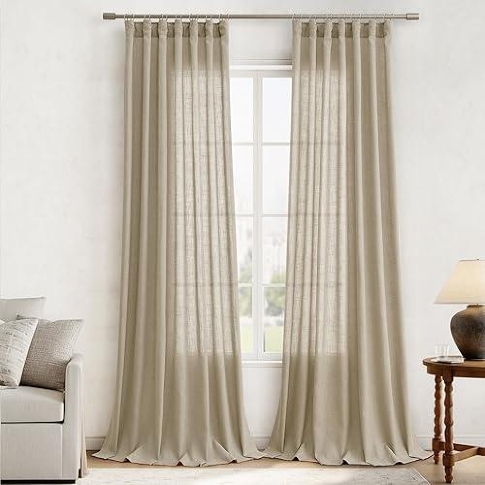 Joywell Tan Hook Belt Linen Semi Sheer Curtains 84 Inches Length Long Rod Pocket Back Tab Hook Belt Clip Rings Window Curtains D