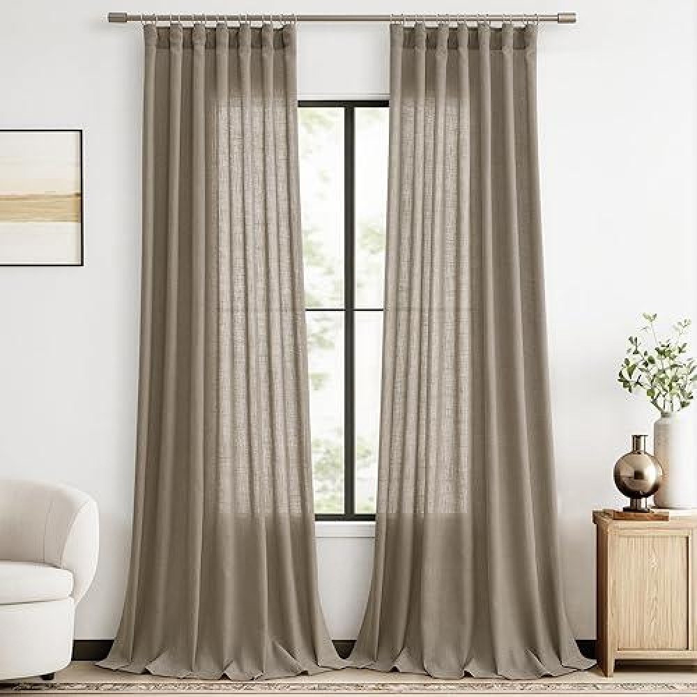 Joywell Taupe Hook Belt Linen Semi Sheer Curtains 84 Inches Length Long Rod Pocket Back Tab Hook Belt Clip Rings Window Curtains