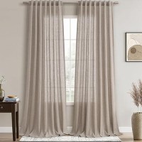 Joywell Beige Tan Linen Semi Sheer Curtains 96 Inches Length Long Rod Pocket Back Tab Hook Belt Clip Rings Window Curtains Drape