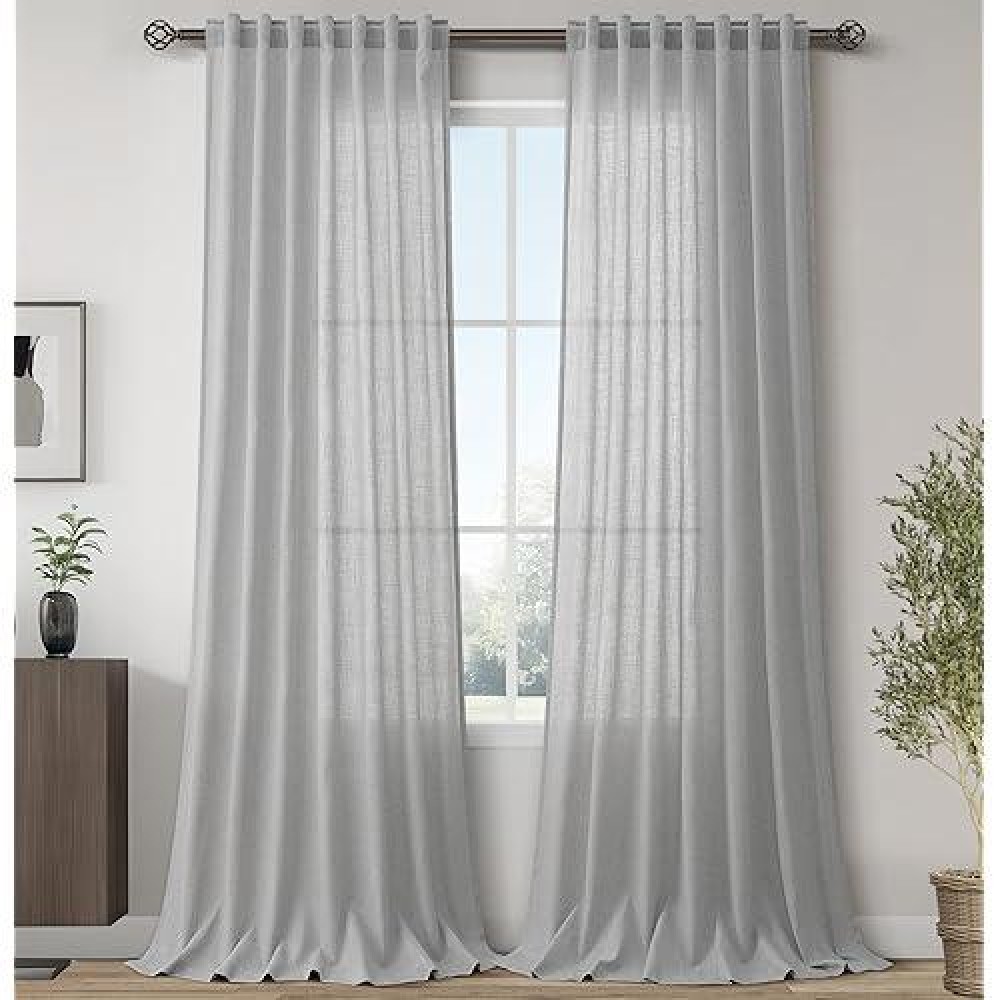 Joywell Gray Birch Linen Semi Sheer Curtains 96 Inches Length Long Rod Pocket Back Tab Hook Belt Clip Rings Window Curtains Drap