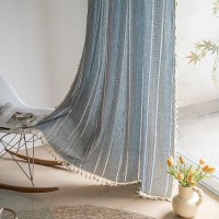 Deeprove Blue Bohemian Curtains 90 Inches Long Linen Textured For Living Room Light Filter Farmhouse Sheer Hollow Striped Chic D