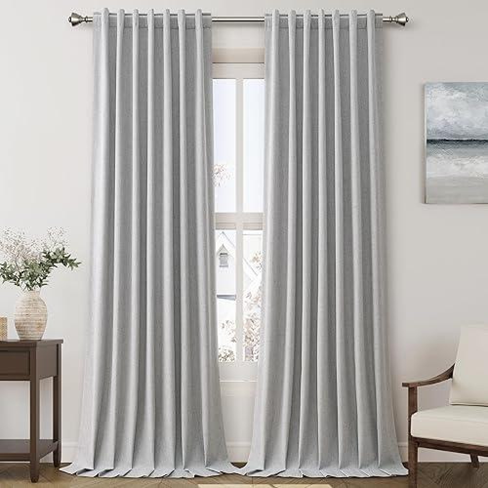 Extra Long Blackout Curtains 108 Inches Long Silver Grey Modern Linen Back Tab Pocket Curtains For Sliding Glass Doors Thermal Light Blocking Floor Length Windows Drapes With White Backing 52X108