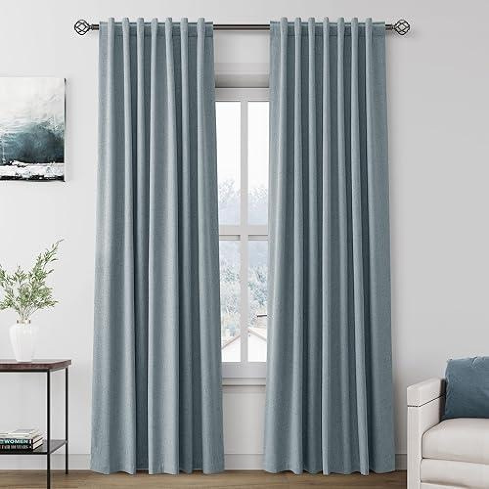 100% Blackout Linen Curtains 84 Inch Length 2 Panels Dark Blue Light Blocking Darkening Living Room Curtains 84 Inches Long Elegant Modern Back Tab Pocket Thermal Insulated Drapes For Nursery 7 Ft