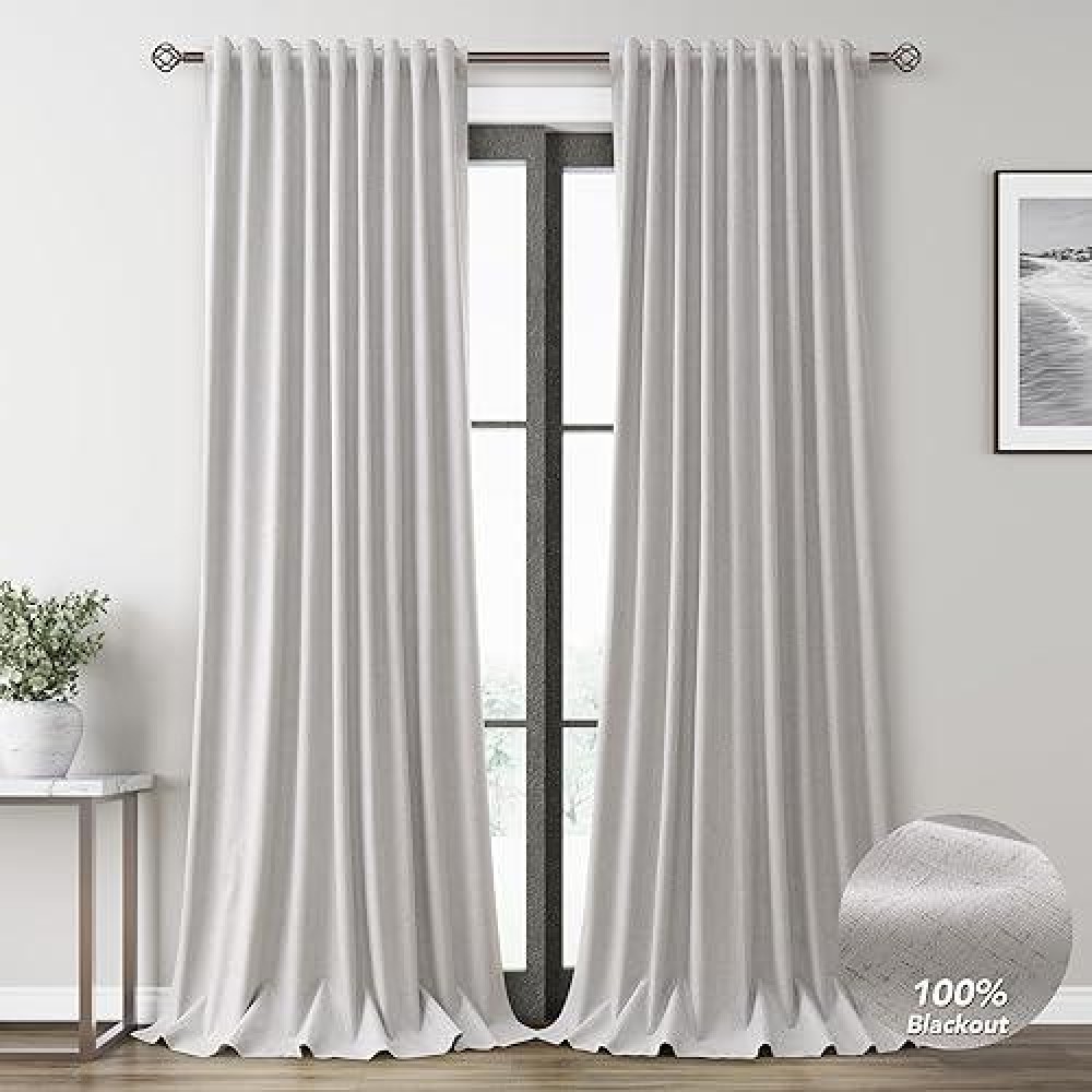 Silver Birch Linen Blackout Curtains For Bedroom 108 Inch Length 2 Panels Set Back Tab Pocket Neutral Farmhouse Living Room Dark