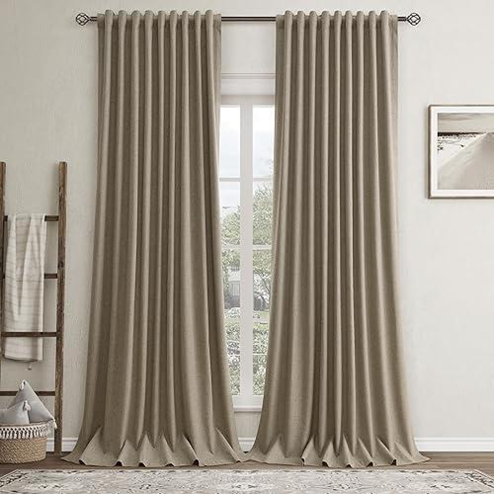 Mocha Linen Blackout Curtains For Bedroom 96 Inch Length 2 Panels Set Back Tab Pocket Neutral Farmhouse Living Room Darkening Cu