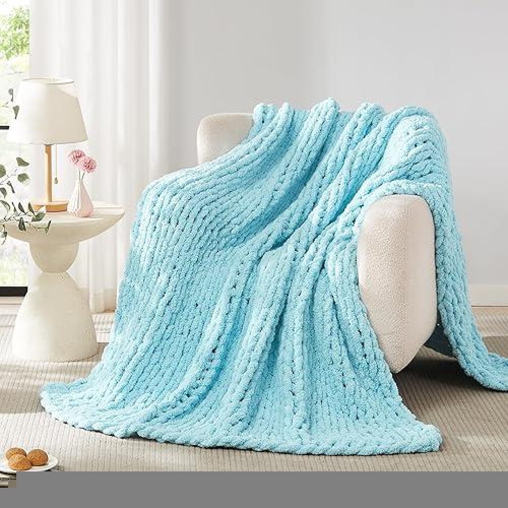 L'Agraty Chunky Knit Blanket Throw: 72''X84'' Chenille Chunky Knitted Throw Blanket For Bed Couch - Handmade Thick Big Cable Knit Blanket - Large Chunky Crochet Blanket For Home Decor(Light Blue)