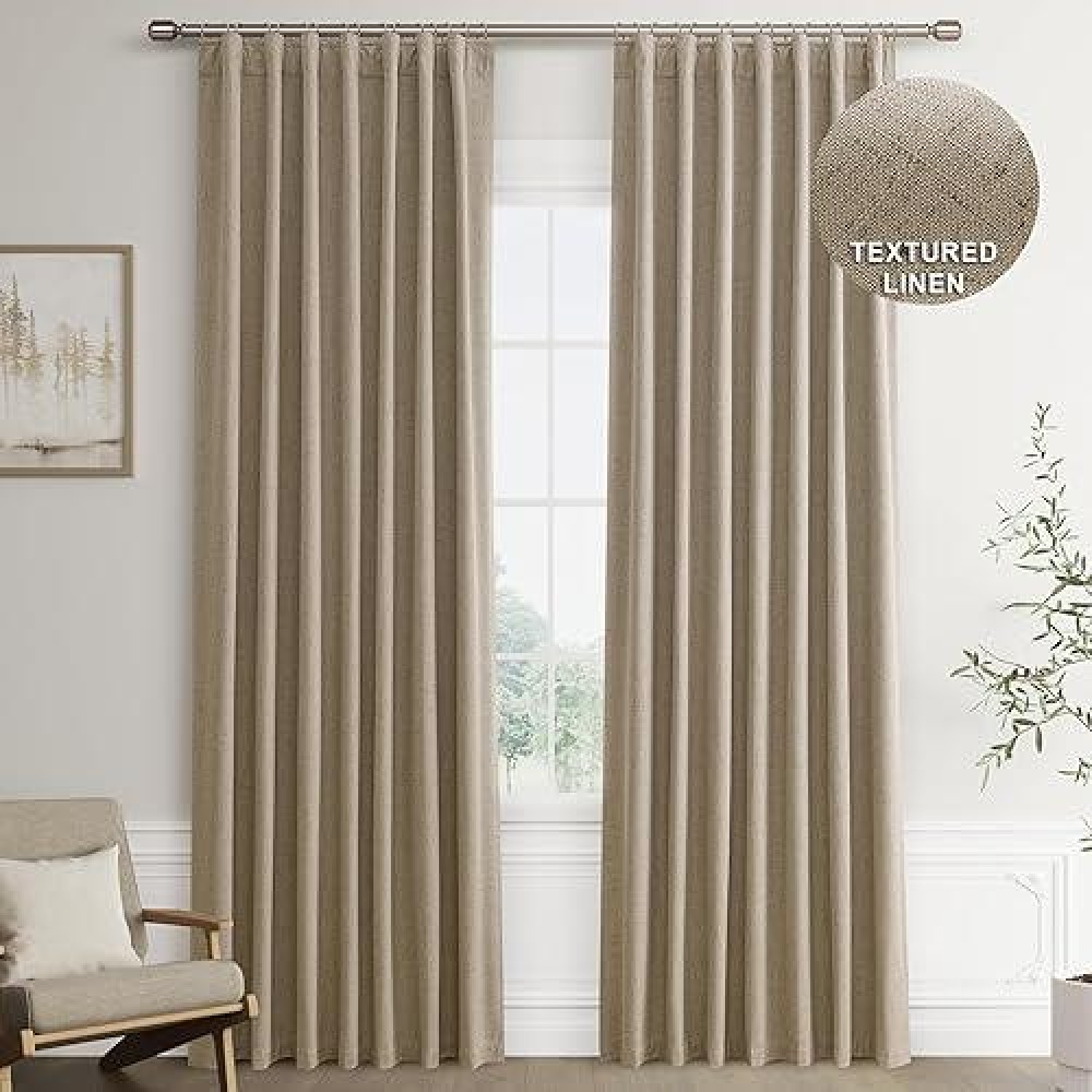 Joywell Khaki Linen 100% Blackout Curtains 84 Inch Long  Rod Pocket/Back Tab/Hook Belt/Clip Rings Thermal Insulated Drapes For Bedroom Living Room With Hooks 2 Panels 52 X 84