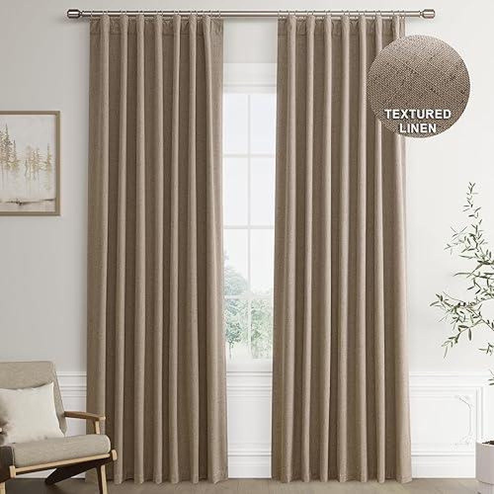 Joywell Light Brown Linen 100% Blackout Curtains 84 Inch Long  Rod Pocket/Back Tab/Hook Belt/Clip Rings Thermal Insulated Drapes For Bedroom Living Room With Hooks 2 Panels 52 X 84