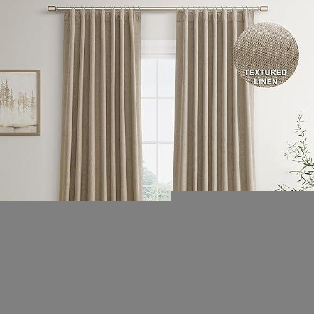 Joywell Khaki Linen 100% Blackout Curtains 108 Inch Long  Rod Pocket/Back Tab/Hook Belt/Clip Rings Thermal Insulated Drapes For Bedroom Living Room With Hooks 2 Panels 52 X 108