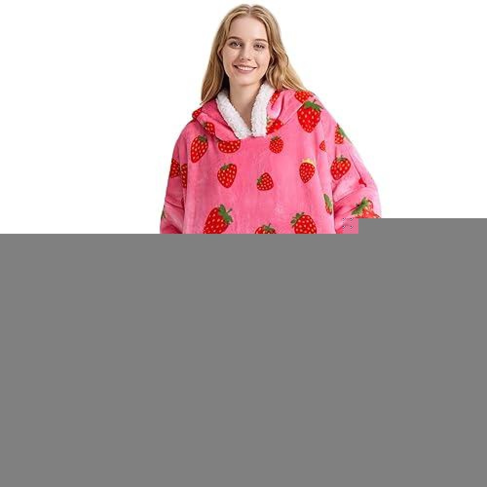 Kipswiza Wearable Blanket Hoodie Oversized Hooded Blanket Adult Thick Warm Sherpa Fleece Strawberry Blanket Sweatshirt For Wo