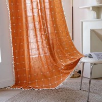 Deeprove Boho Curtains 63 Inches Long For Bedroom Living Room  Cotton Linen Plaids Textured Semi Blackout Bohemian Farmhouse Fall Window Treatment Grids Drape Tassels  1 Panel W52 X 63  Burnt Orange