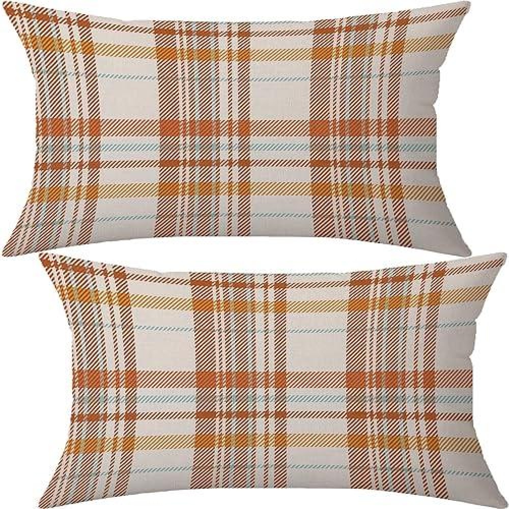 Aofanggo Fall Pillow Covers 12X20 Set Of 2 Autumn Decorative Throw Pillow Cases Orange Blue Plaids Cushion Covers Faux Linen Far