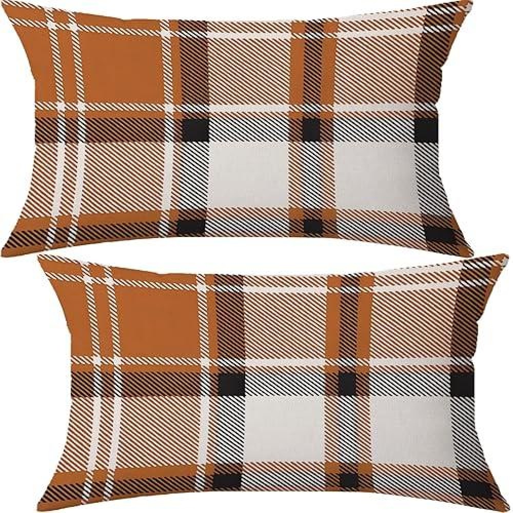 Aofanggo Fall Pillow Covers 12X20 Set Of 2 Autumn Decorative Orange Black Check Plaids Throw Pillow Cases Cushion Covers Faux Li