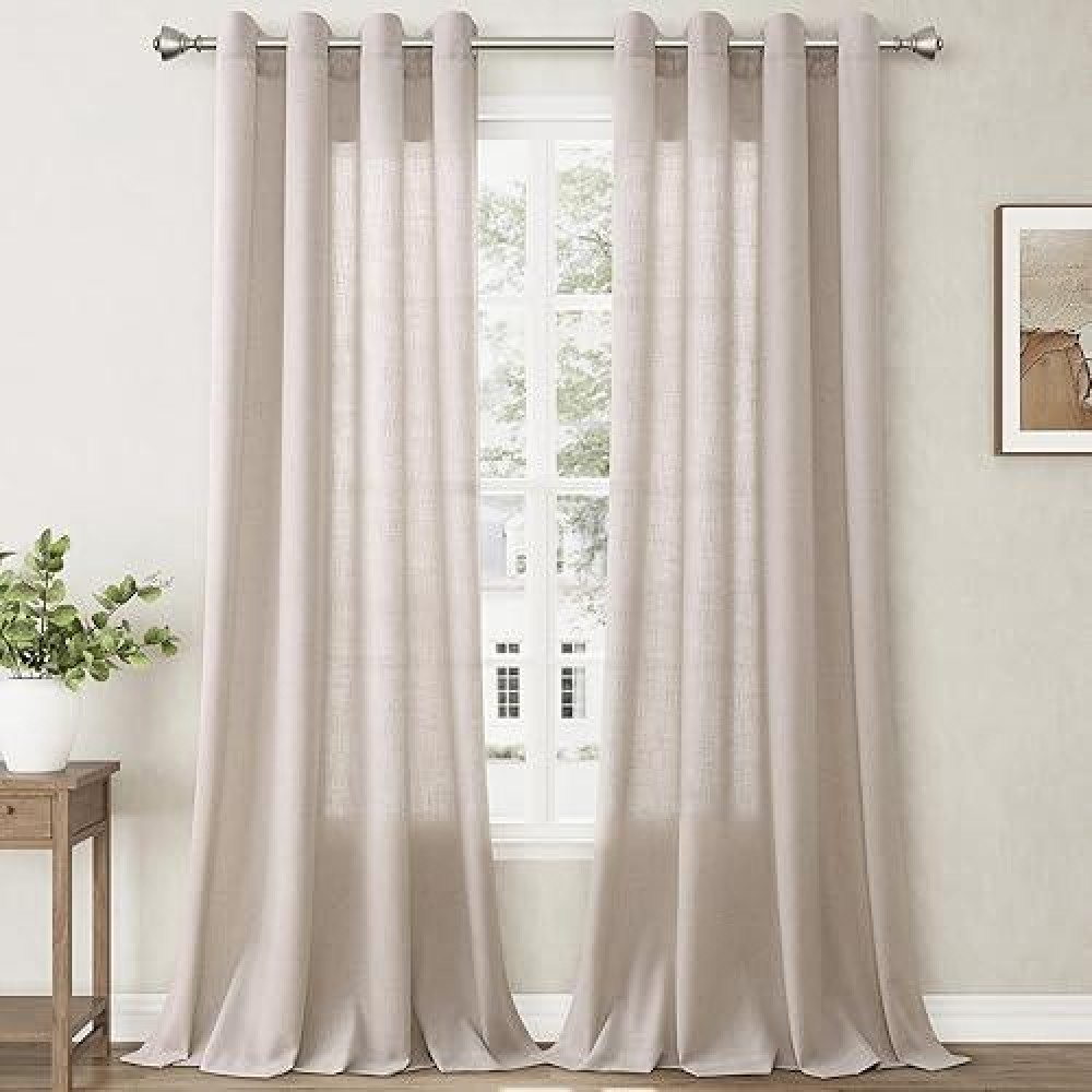 Nanspring Apricot Living Room Curtains 96 Inches Long 2 Panel Set Linen Grommet Light Filtering Semi Sheer Curtain Drapes Farmho