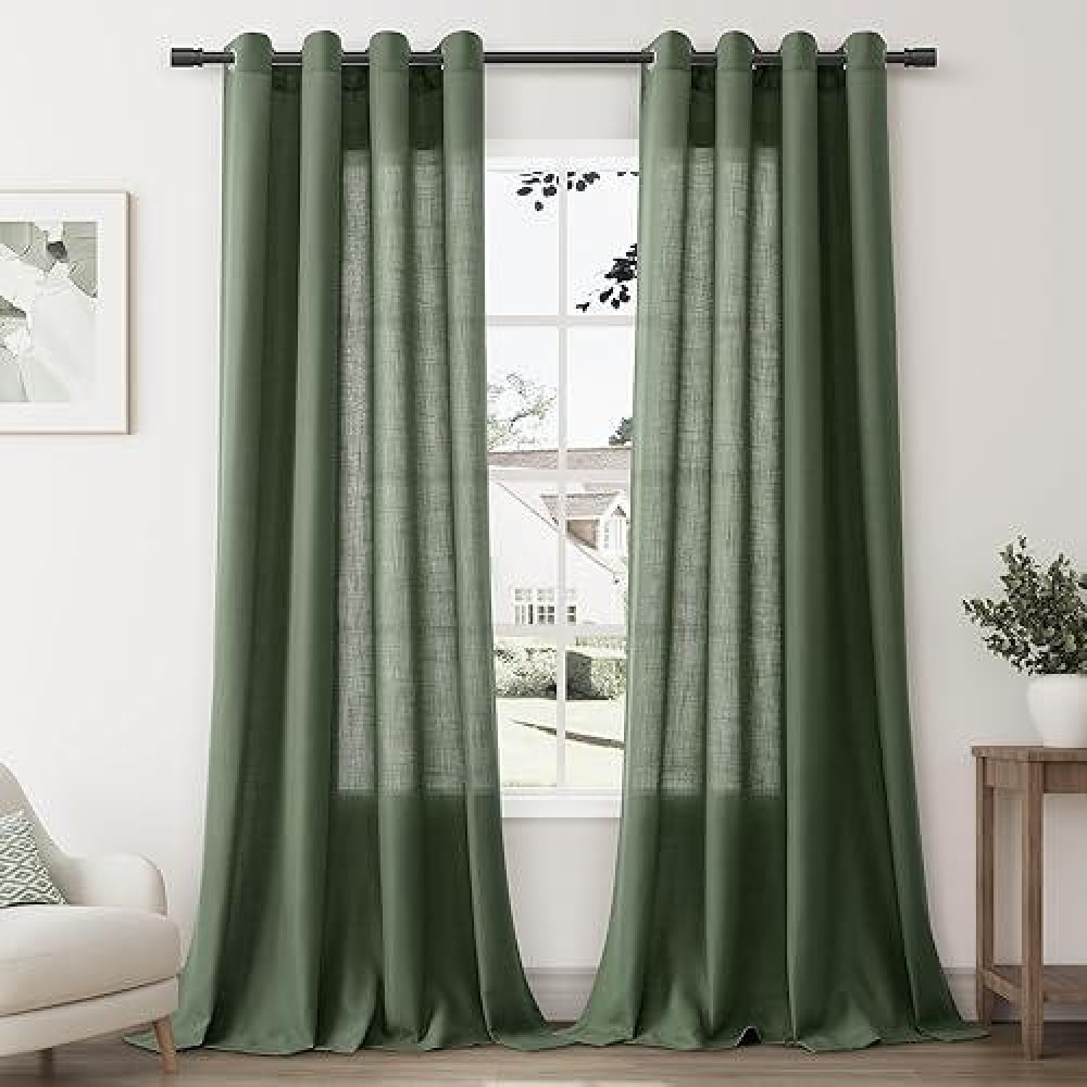 Nanspring Olive Green Living Room Curtains 96 Inches Long 2 Panel Set Linen Grommet Light Filtering Semi Sheer Curtain Drapes Fa