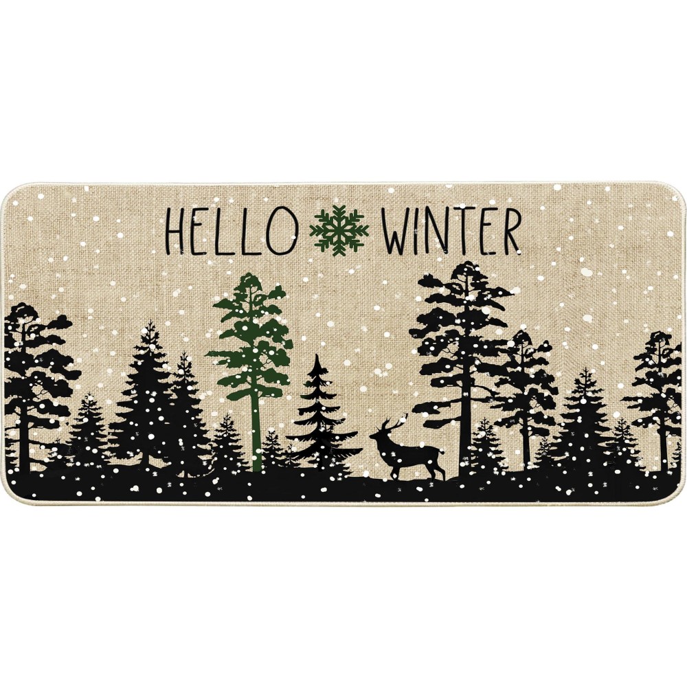 Whomeaf Winter Black Tree Doormat Christmas Deer Snowflake Forest Door Mats Entrance Low Profile Front Mat Xmas Rugs Non Slip Ki