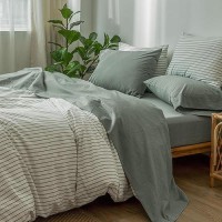 Moomee Bedding Sheet Set 100 Washed Cotton Linen Like Textured Breathable Durable Soft Comfy Heathered Green Queen