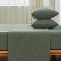 Moomee Bedding Sheet Set 100 Washed Cotton Linen Like Textured Breathable Durable Soft Comfy Heathered Green Queen