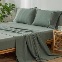 Moomee Bedding Sheet Set 100 Washed Cotton Linen Like Textured Breathable Durable Soft Comfy Heathered Green Queen