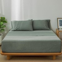 Moomee Bedding Sheet Set 100 Washed Cotton Linen Like Textured Breathable Durable Soft Comfy Heathered Green Queen