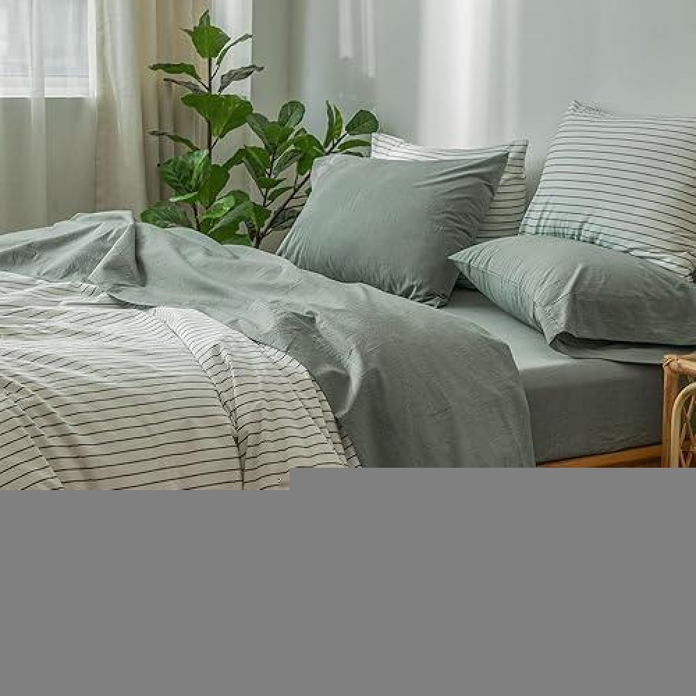 Moomee Bedding Sheet Set 100 Washed Cotton Linen Like Textured Breathable Durable Soft Comfy Heathered Green King