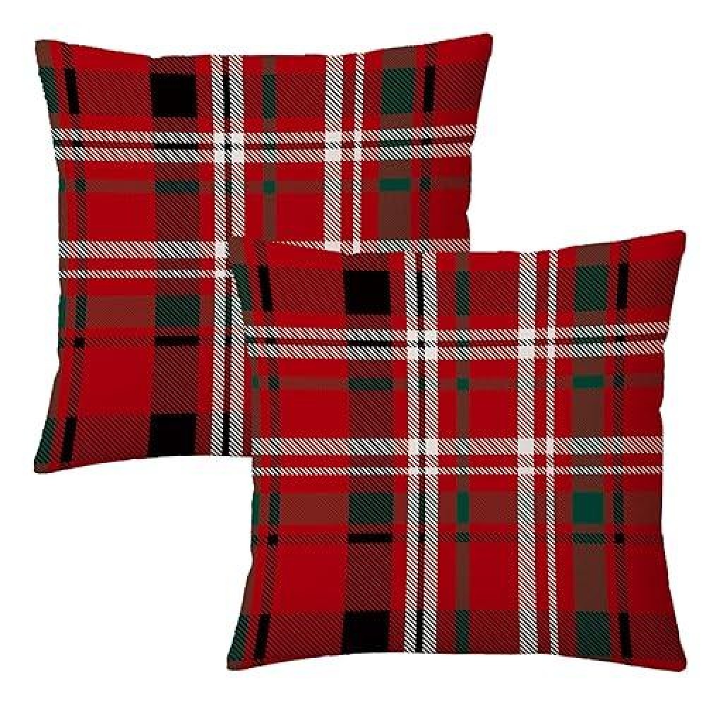 Aofanggo Christmas Pillow Covers 18X18 Set Of 2 Red Green Black Throw Pillow Cases Winter Decorative Cushion Covers Gingham Outd