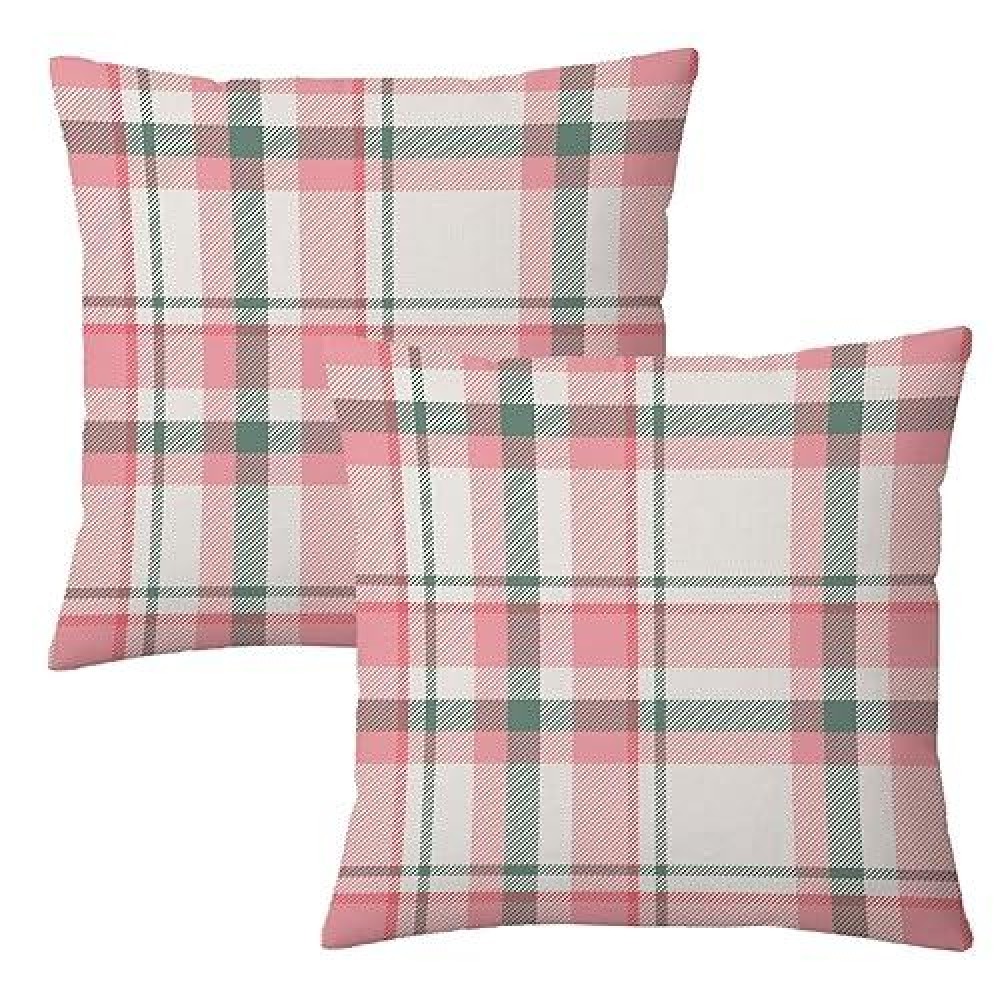 Aofanggo Christmas Pillow Covers 18X18 Set Of 2 Pink Sage Green Throw Pillow Cases Winter Decorative Cushion Tartan Gingham Outd