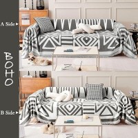 Handontime Reversible Sofa Cover Boho Geometric Couch Cover For Dogs Dark Grey Couches Covers Washable Chenille Couch Covers For