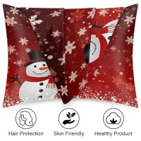 Satin Pillowcase For Hair And Skin Red Christmas Snowman Silk Pillowcase With Zipper Soft Silky Pillow Cover Standard Size 20