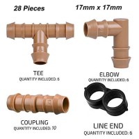 Arfun 28P Drip Irrigation Fittings Kit 17Mm For 12 Tubing 600 Id 10 Couplings 6 Tees 6 Elbows And 6 Tubing End Clos