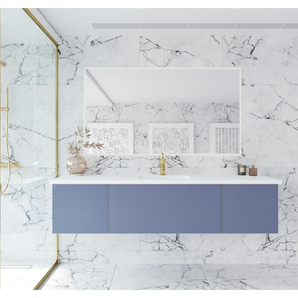 Vitri 72 - Nautical Blue Single Sink Cabinet + Matte White Viva Stone Solid Surface Center Sink Countertop