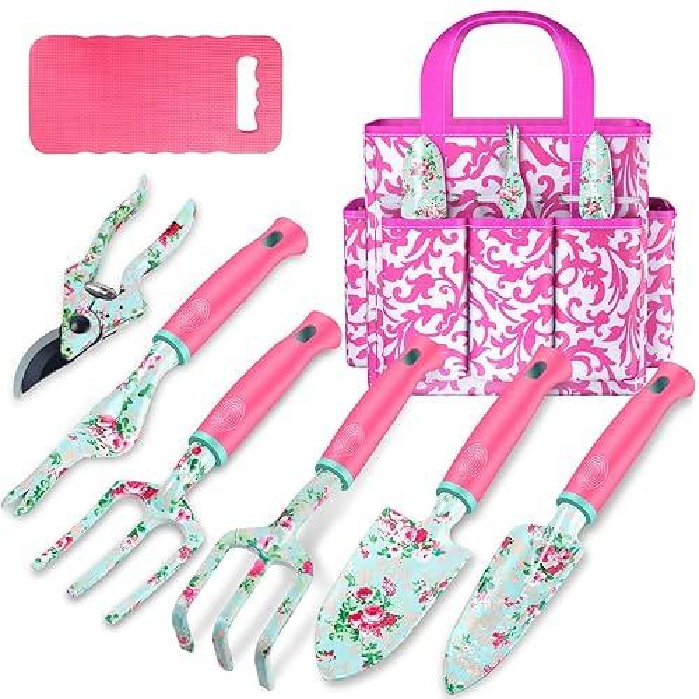 Gardening Tools  8 Pcs Heavy Duty Floral Garden Tool Set Birthday Gifts For Women Wanchi Rose Red Gardening Kit (Garden Tool Bag Kneeling Pad Weeder Fork Hand Rake Pruning Shears Trowel Transplanter)