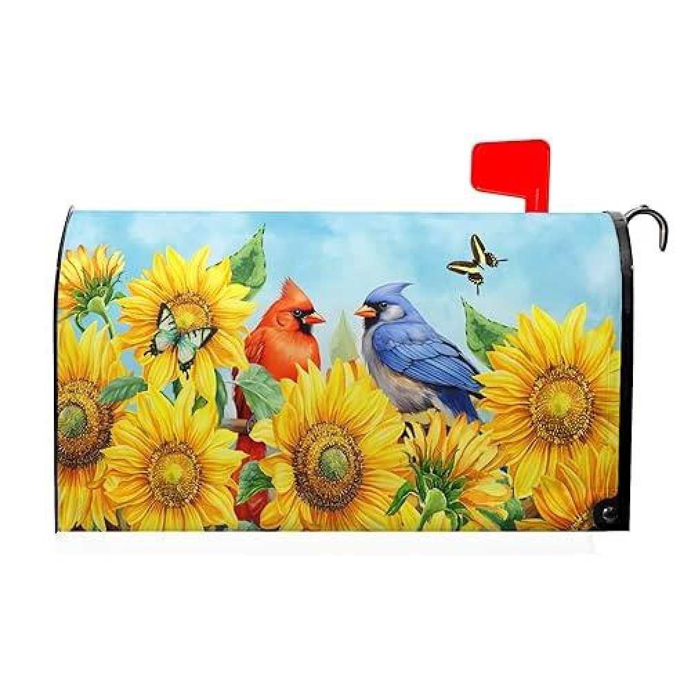 Welcome Spring Summer Cardinal Sunflower Mailbox Cover Magnetic Standard Size 21 X 18 Summer Floral Flower Birds Rustic Deco