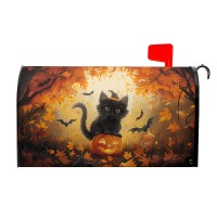 Halloween Cat Magnetic Mailbox Covers Spooky Kitten Pumpkin Waterproof Letter Box Cover Standard Size Fall Maple Leaf Forest Bat