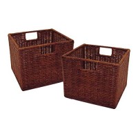 Winsome Wood Leo Wood 4 Tier Shelf with 5 Rattan Baskets - 1 large 4 small in Espresso Finish