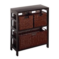 Winsome Wood Leo Wood 3 Tier Shelf with 3 Rattan Baskets - 1 large 2 small in Espresso Finish