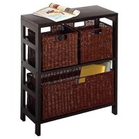 Winsome Wood Leo Wood 3 Tier Shelf with 3 Rattan Baskets - 1 large 2 small in Espresso Finish